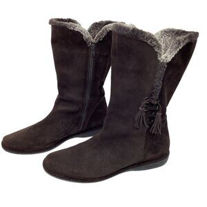 Stuart Weitzman Suede Mid-Calf Tassel Womens 10.5M Boots Zip Faux Fur Brown
